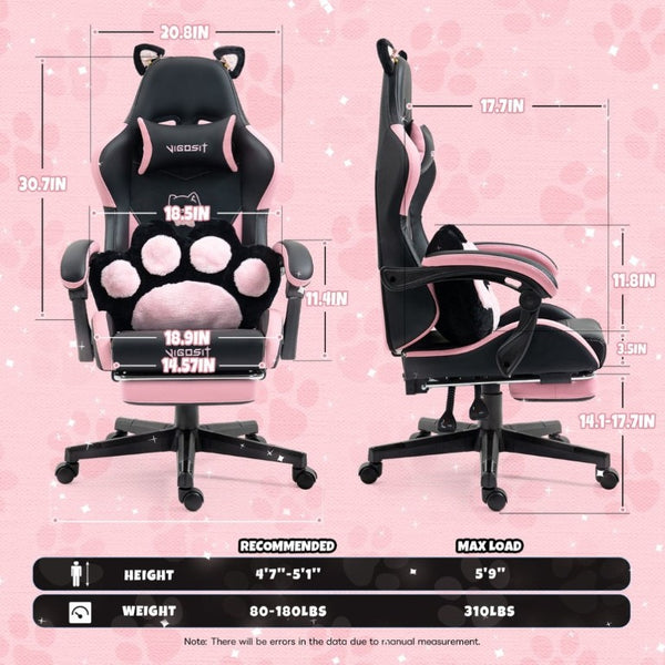 English Elm Cat Ears Gaming Chair Kawaii PU Leather Ergonomic Seat with Reclining Footrest Black W5822P488190