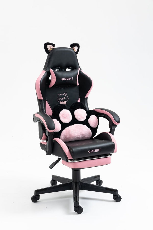 English Elm Cat Ears Gaming Chair Kawaii PU Leather Ergonomic Seat with Reclining Footrest Black W5822P488190