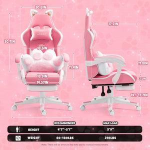 English Elm Cat Ears Gaming Chair Kawaii PU Leather Ergonomic Seat with Reclining Footrest Pink W5822P489034