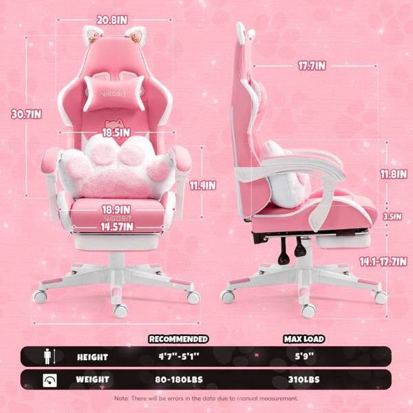 English Elm Cat Ears Gaming Chair Kawaii PU Leather Ergonomic Seat with Reclining Footrest Pink W5822P489034