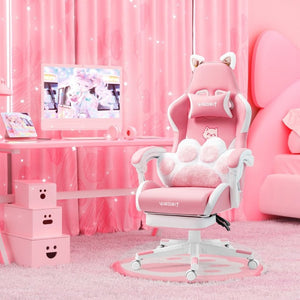 English Elm Cat Ears Gaming Chair Kawaii PU Leather Ergonomic Seat with Reclining Footrest Pink W5822P489034