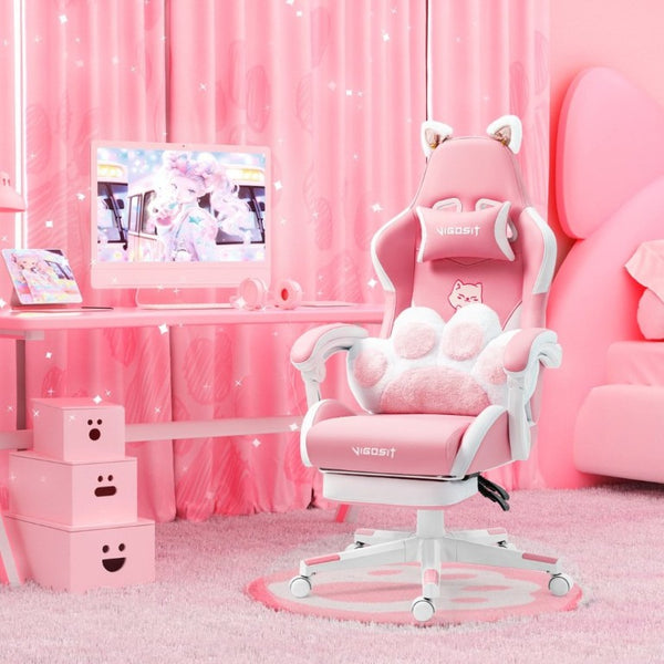 English Elm Cat Ears Gaming Chair Kawaii PU Leather Ergonomic Seat with Reclining Footrest Pink W5822P489034