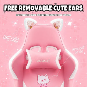 English Elm Cat Ears Gaming Chair Kawaii PU Leather Ergonomic Seat with Reclining Footrest Pink W5822P489034