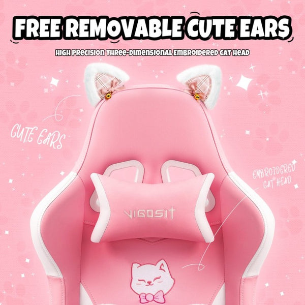 English Elm Cat Ears Gaming Chair Kawaii PU Leather Ergonomic Seat with Reclining Footrest Pink W5822P489034