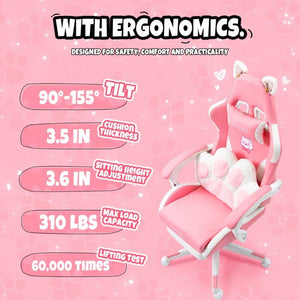 English Elm Cat Ears Gaming Chair Kawaii PU Leather Ergonomic Seat with Reclining Footrest Pink W5822P489034