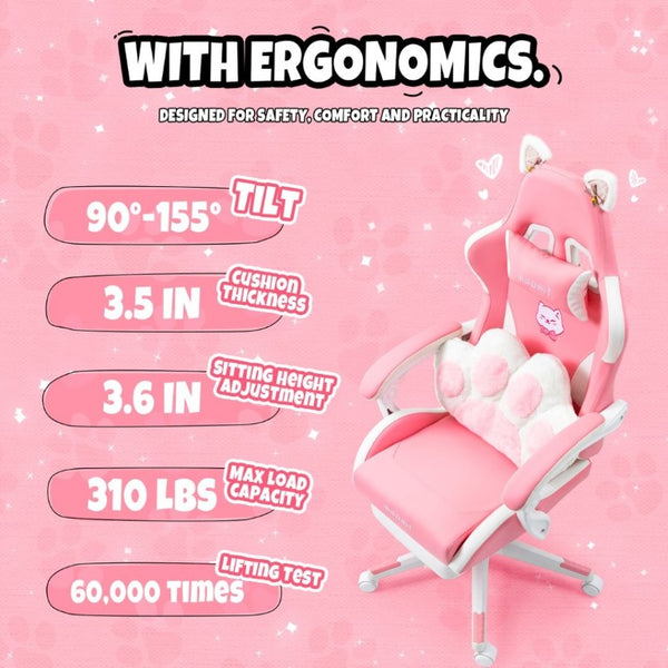 English Elm Cat Ears Gaming Chair Kawaii PU Leather Ergonomic Seat with Reclining Footrest Pink W5822P489034