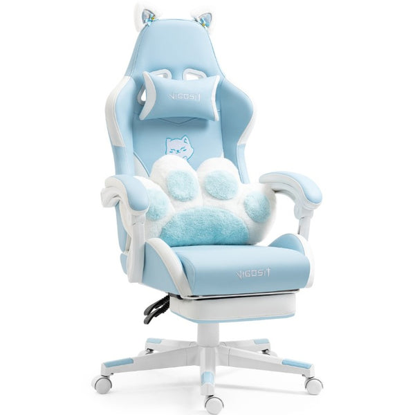 English Elm Cat Ears Gaming Chair Kawaii PU Leather Ergonomic Seat with Reclining Footrest Blue W5822P489037