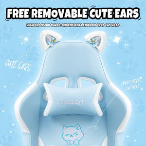 English Elm Cat Ears Gaming Chair Kawaii PU Leather Ergonomic Seat with Reclining Footrest Blue W5822P489037