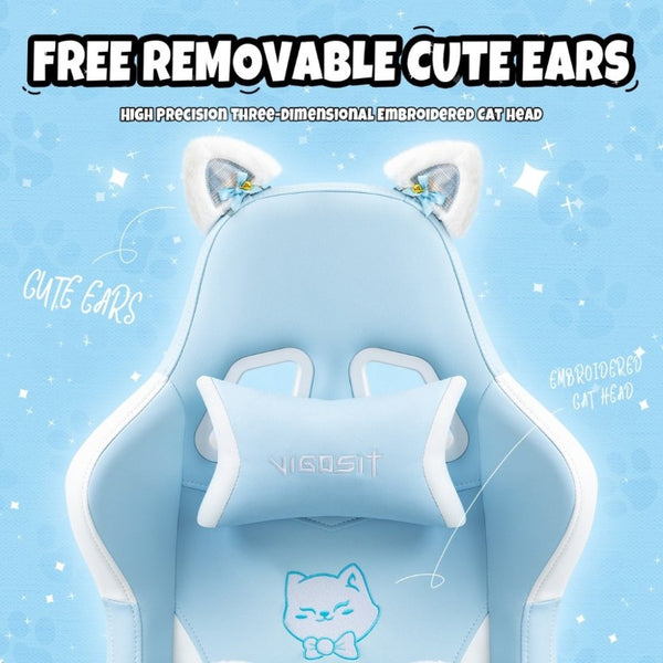 English Elm Cat Ears Gaming Chair Kawaii PU Leather Ergonomic Seat with Reclining Footrest Blue W5822P489037