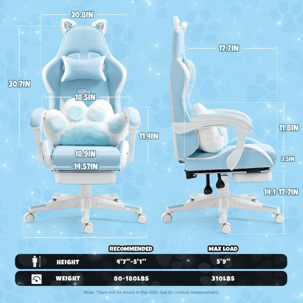 English Elm Cat Ears Gaming Chair Kawaii PU Leather Ergonomic Seat with Reclining Footrest Blue W5822P489037