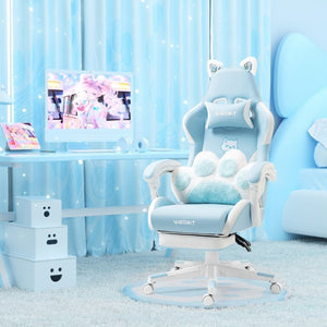 English Elm Cat Ears Gaming Chair Kawaii PU Leather Ergonomic Seat with Reclining Footrest Blue W5822P489037