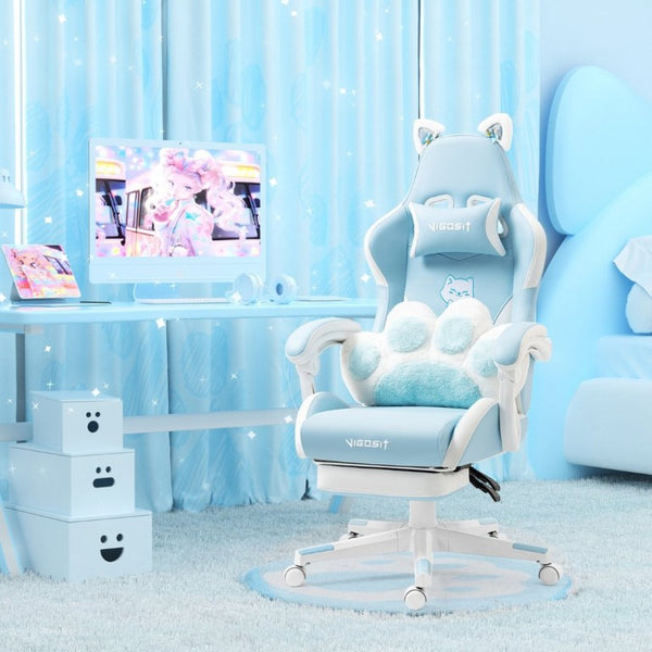 English Elm Cat Ears Gaming Chair Kawaii PU Leather Ergonomic Seat with Reclining Footrest Blue W5822P489037