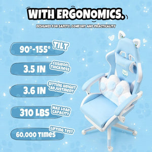 English Elm Cat Ears Gaming Chair Kawaii PU Leather Ergonomic Seat with Reclining Footrest Blue W5822P489037