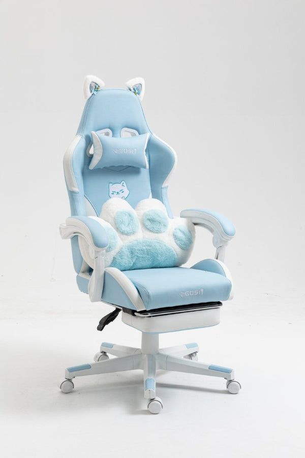 English Elm Cat Ears Gaming Chair Kawaii PU Leather Ergonomic Seat with Reclining Footrest Blue W5822P489037