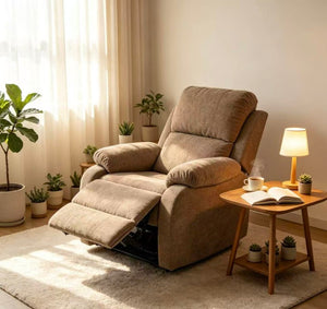 English Elm Manual Recliner Chair Chenille Upholstered Lounge Seat for Small Space Living Rooms Khaki W5870P518773