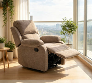 English Elm Manual Recliner Chair Chenille Upholstered Lounge Seat for Small Space Living Rooms Khaki W5870P518773