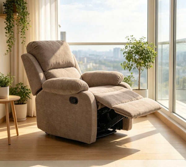 English Elm Manual Recliner Chair Chenille Upholstered Lounge Seat for Small Space Living Rooms Khaki W5870P518773