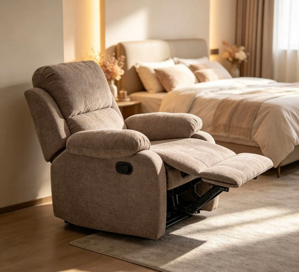 English Elm Manual Recliner Chair Chenille Upholstered Lounge Seat for Small Space Living Rooms Khaki W5870P518773