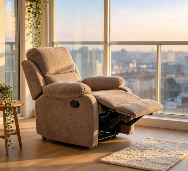English Elm Manual Recliner Chair Chenille Upholstered Lounge Seat for Small Space Living Rooms Khaki W5870P518773