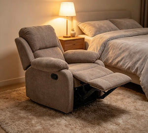 English Elm Manual Recliner Chair Chenille Upholstered Lounge Seat for Small Space Living Rooms Khaki W5870P518773
