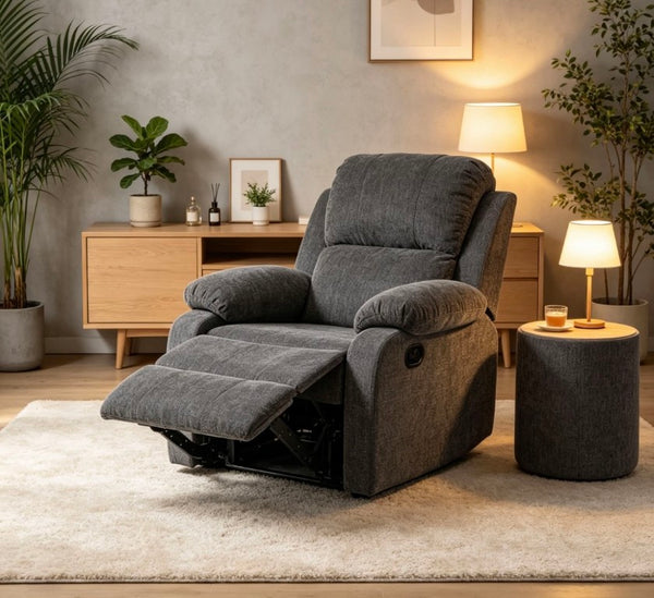 English Elm Manual Recliner Chair Chenille Upholstered Lounge Seat for Small Space Living Rooms Antique Dark Grey W5870P518778