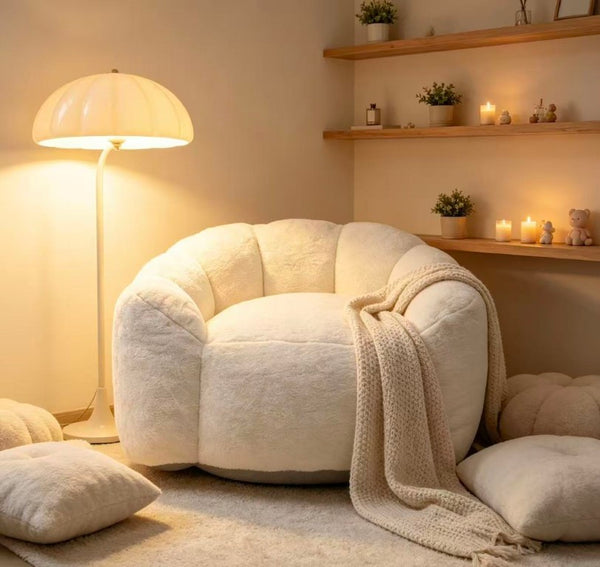 English Elm Large Faux Fur Petal Accent Chair Sculptural Bloom Seating for Bedroom or Gaming Room Beige White W5870P523987