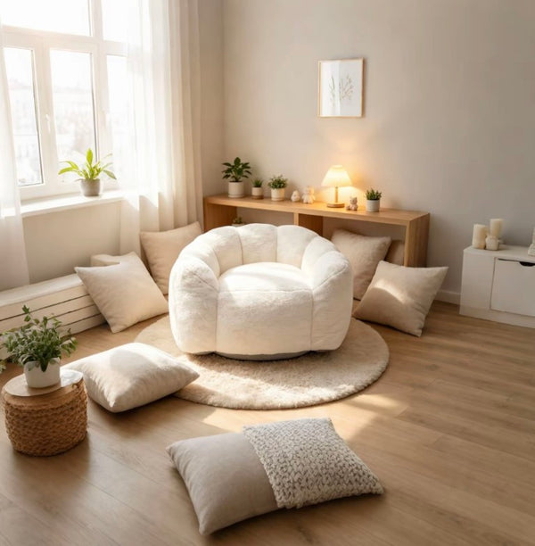 English Elm Large Faux Fur Petal Accent Chair Sculptural Bloom Seating for Bedroom or Gaming Room Beige White W5870P523987