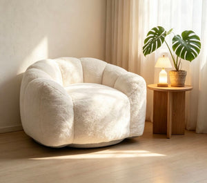 English Elm Large Faux Fur Petal Accent Chair Sculptural Bloom Seating for Bedroom or Gaming Room Beige White W5870P523987