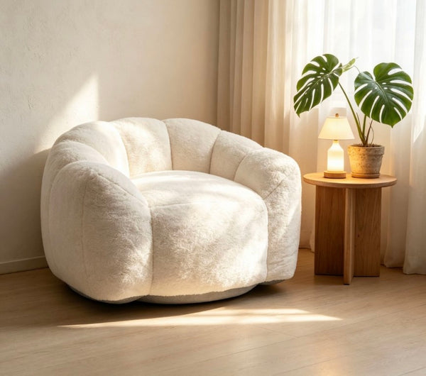 English Elm Large Faux Fur Petal Accent Chair Sculptural Bloom Seating for Bedroom or Gaming Room Beige White W5870P523987