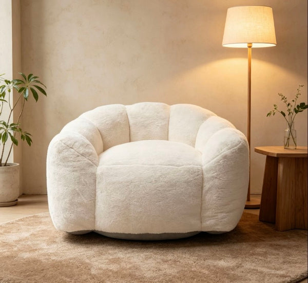 English Elm Large Faux Fur Petal Accent Chair Sculptural Bloom Seating for Bedroom or Gaming Room Beige White W5870P523987