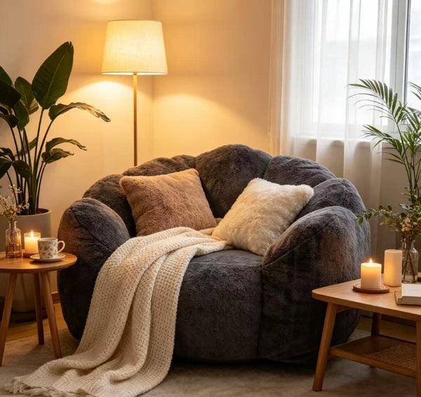 English Elm Large Faux Fur Petal Accent Chair Sculptural Bloom Seating for Bedroom or Gaming Room Antique Grey W5870P523988