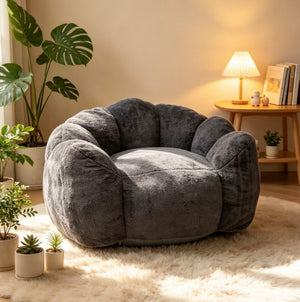 English Elm Large Faux Fur Petal Accent Chair Sculptural Bloom Seating for Bedroom or Gaming Room Antique Grey W5870P523988