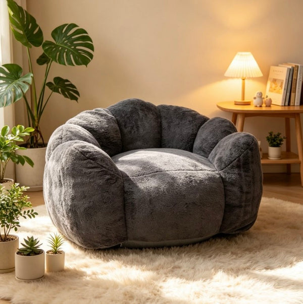 English Elm Large Faux Fur Petal Accent Chair Sculptural Bloom Seating for Bedroom or Gaming Room Antique Grey W5870P523988