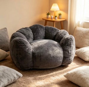 English Elm Large Faux Fur Petal Accent Chair Sculptural Bloom Seating for Bedroom or Gaming Room Antique Grey W5870P523988
