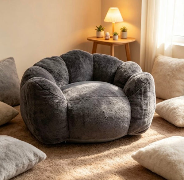 English Elm Large Faux Fur Petal Accent Chair Sculptural Bloom Seating for Bedroom or Gaming Room Antique Grey W5870P523988