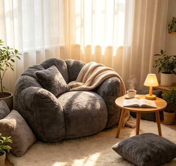 English Elm Large Faux Fur Petal Accent Chair Sculptural Bloom Seating for Bedroom or Gaming Room Antique Grey W5870P523988