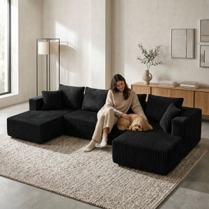 English Elm 132.1 Inch U-Shaped Corduroy Modular Sectional Deep Cloud Seating for Living Rooms Black W5872S00002