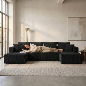 English Elm 132.1 Inch U-Shaped Corduroy Modular Sectional Deep Cloud Seating for Living Rooms Black W5872S00002