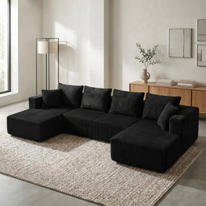 English Elm 132.1 Inch U-Shaped Corduroy Modular Sectional Deep Cloud Seating for Living Rooms Black W5872S00002