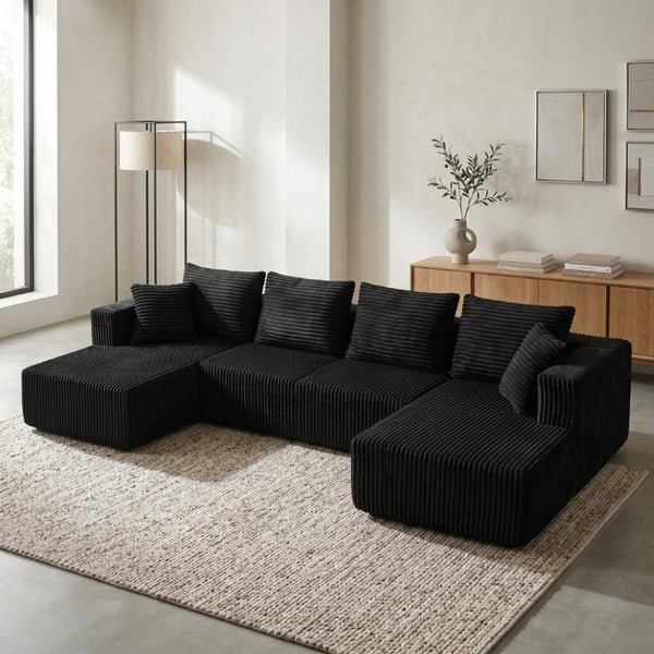English Elm 132.1 Inch U-Shaped Corduroy Modular Sectional Deep Cloud Seating for Living Rooms Black W5872S00002