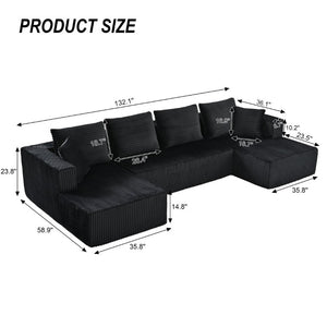 English Elm 132.1 Inch U-Shaped Corduroy Modular Sectional Deep Cloud Seating for Living Rooms Black W5872S00002