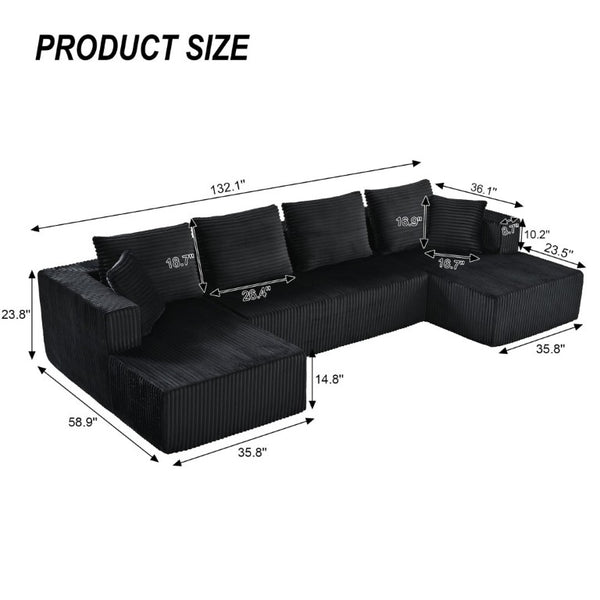English Elm 132.1 Inch U-Shaped Corduroy Modular Sectional Deep Cloud Seating for Living Rooms Black W5872S00002