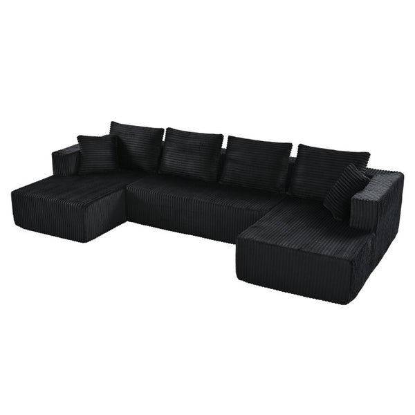 English Elm 132.1 Inch U-Shaped Corduroy Modular Sectional Deep Cloud Seating for Living Rooms Black W5872S00002