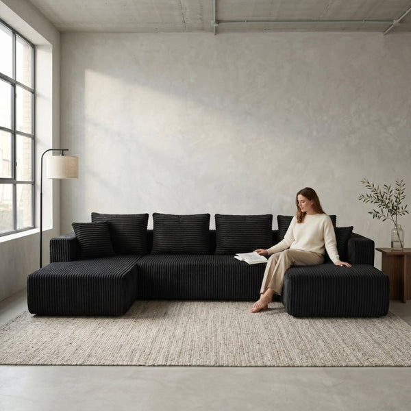English Elm 132.1 Inch U-Shaped Corduroy Modular Sectional Deep Cloud Seating for Living Rooms Black W5872S00002