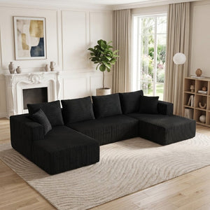 English Elm 132.1 Inch U-Shaped Corduroy Modular Sectional Deep Cloud Seating for Living Rooms Black W5872S00002
