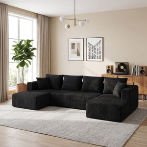 English Elm 132.1 Inch U-Shaped Corduroy Modular Sectional Deep Cloud Seating for Living Rooms Black W5872S00002