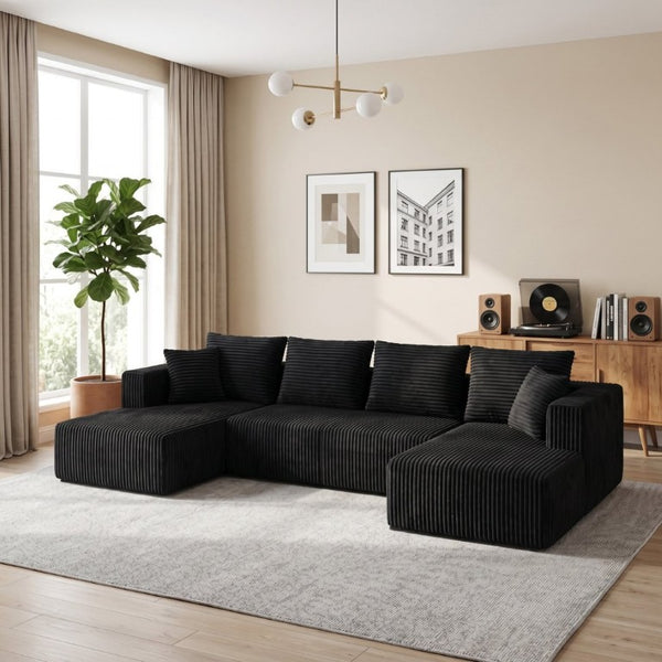 English Elm 132.1 Inch U-Shaped Corduroy Modular Sectional Deep Cloud Seating for Living Rooms Black W5872S00002