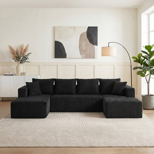 English Elm 132.1 Inch U-Shaped Corduroy Modular Sectional Deep Cloud Seating for Living Rooms Black W5872S00002