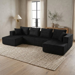 English Elm 132.1 Inch U-Shaped Corduroy Modular Sectional Deep Cloud Seating for Living Rooms Black W5872S00002