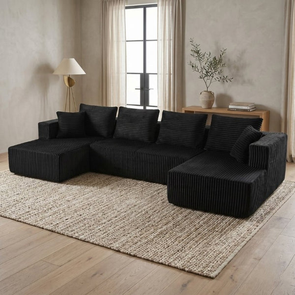 English Elm 132.1 Inch U-Shaped Corduroy Modular Sectional Deep Cloud Seating for Living Rooms Black W5872S00002